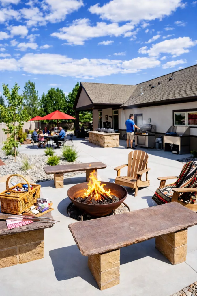 A backyard patio with a fire pit, wooden furniture, and a picnic basket, with people near a barbecue and red umbrella in the background.