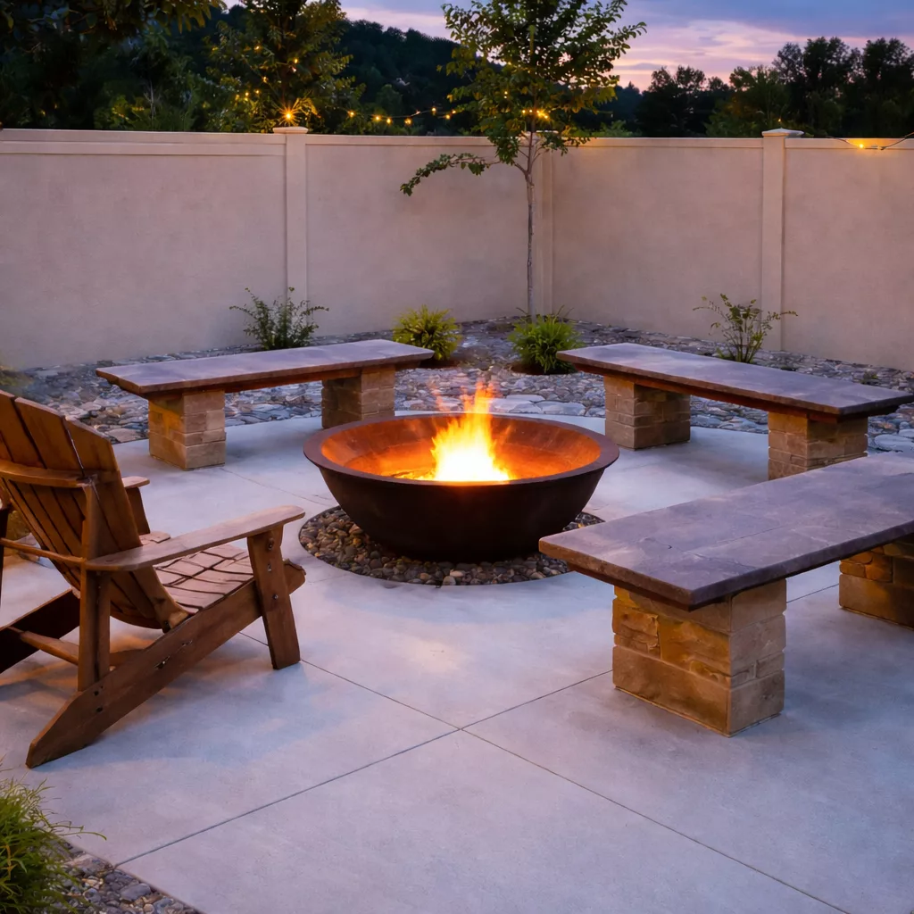 A backyard patio with a central fire pit, surrounded by stone benches and a wooden chair, is set against a backdrop of a light-colored fence and greenery.