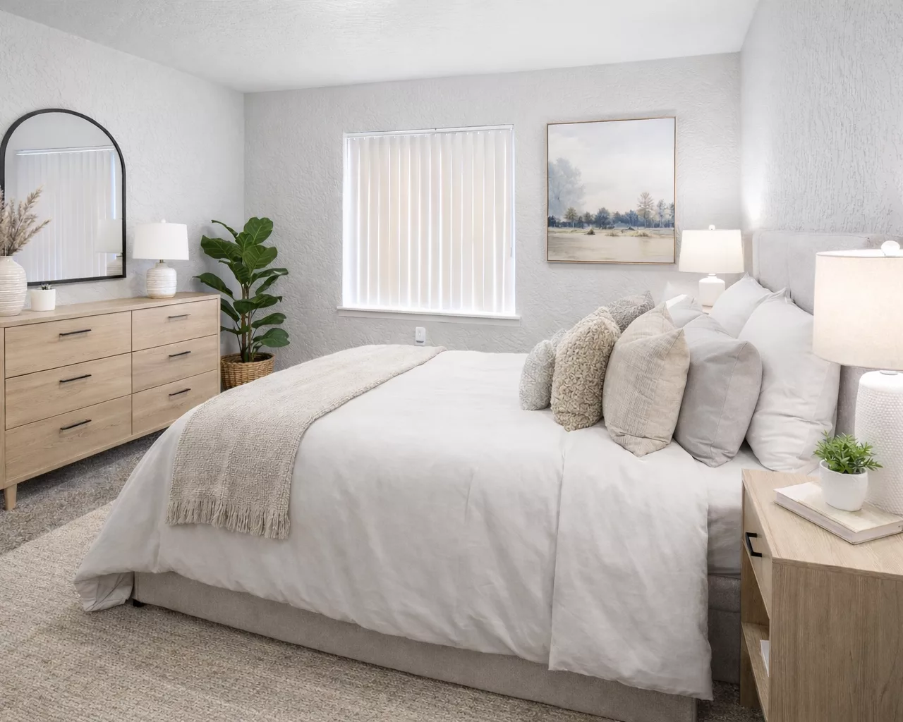 A cozy bedroom with a neatly made bed, light wooden furniture, a mirror, a plant, and a landscape painting on the wall.